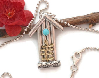 little blue turquoise birdhouse necklace birdhouse pendant bird jewelry gardening inspired sterling silver bird house gift garden lover