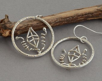 Sterling silver hammered dangle circle hoop earrings silver leaf branch earrings unusual hoop earrings botanical nature contemporary gift