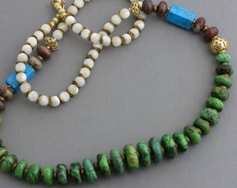 Long green turquoise necklace natural stone beaded necklace mother of pearl necklace 24k gold vermeil bohemian necklace artisan jewelry