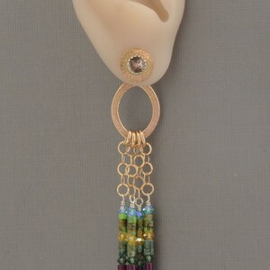 May include: Gold dangle earrings with a small round gemstone at the top, a gold ring, and a chain of gold rings with a multi-colored beaded fringe.