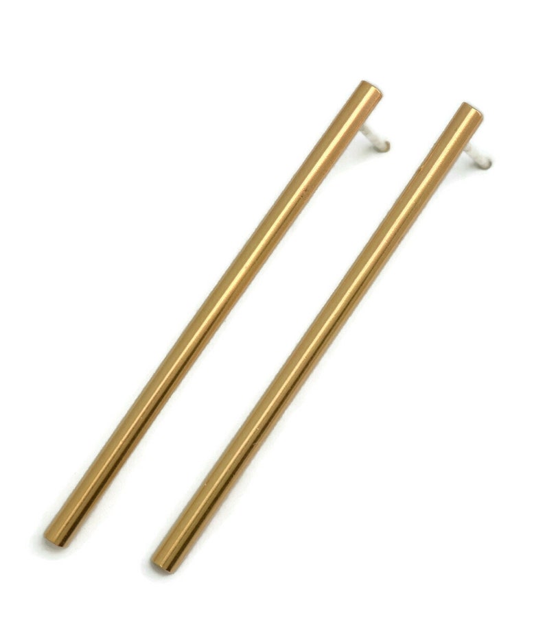 Lange 3mm dünne Goldbarrenohrringe Stabohrstecker moderner minimalistischer Schmuck 2-Zoll-Goldohrringe einfache vertikale Stabohrringe Handwerker Bild 2