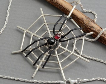 Large handmade sterling silver spiderweb necklace pendant Black widow spider web jewelry insect jewelry unique unusual gift for her him