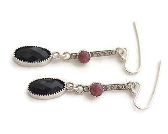 Long bar sterling silver dangle earrings pink stone black onyx earrings gemstone jewelry lightweight formal everyday artisan handmade gift