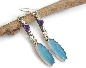 long sterling silver light blue chalcedony purple amethyst bar dangle earrings boho bohemian artisan gift genuine semiprecious stone jewelry