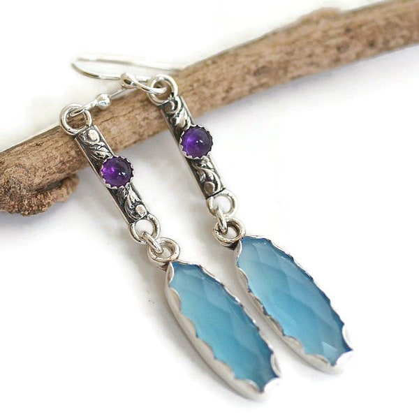 pendientes largos de plata de ley azul claro calcedonia púrpura amatista barra colgante boho boho regalo artesanal joyería de piedra semipreciosa genuina