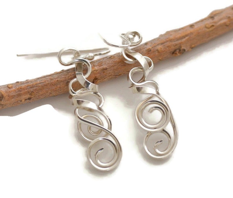 Sterling silver spiral abstract earrings dangle geometric earrings 3d unique drop earrings for women artisan handmade modern jewelry for her image 1