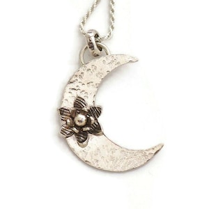 Sterling silver half moon necklace moon pendant crescent moon necklace crescent moon pendant flower necklace celestial artisan jewelry