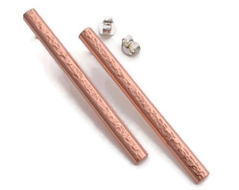 Hammered copper bar stud  earrings long minimalist geometric jewelry for women men artisan handmade simple raw stick earrings