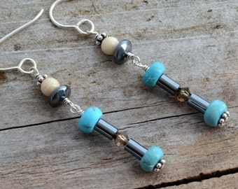 Natural stone dangle beaded earrings, semiprecious sterling silver wirewrapped jewelry bohemian gypsy turquoise hematite river rock earrings