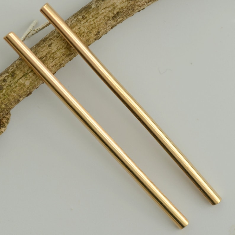 Long 3mm thin gold bar earrings bar studs modern minimalist jewelry 2 inch gold dangle earrings simple vertical bar post earrings artisan image 6