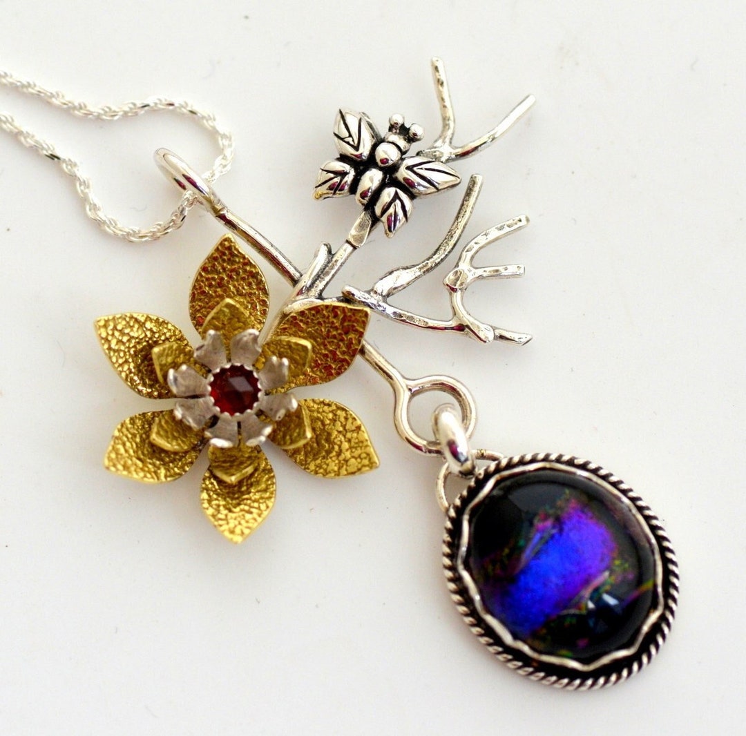 Gold Brass Flower Necklace Sterling Silver Butterfly Necklace Blue