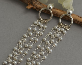 White pearl earrings dangle pearl earrings pearl earjacket earrings front back two sided sterling silver ball studs long pearl chain earring