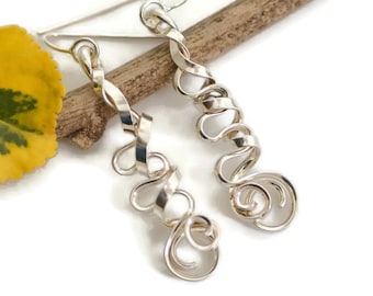 Long sterling silver spiral dangle earrings wavy wire wrapped earrings abstract earrings geometric jewelry gift fo her hypoallergenic