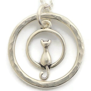 Petite small sterling silver cat necklace cat lover gift little hammered 5/8 circle necklace pendant Siamese Persian main coon necklace image 9