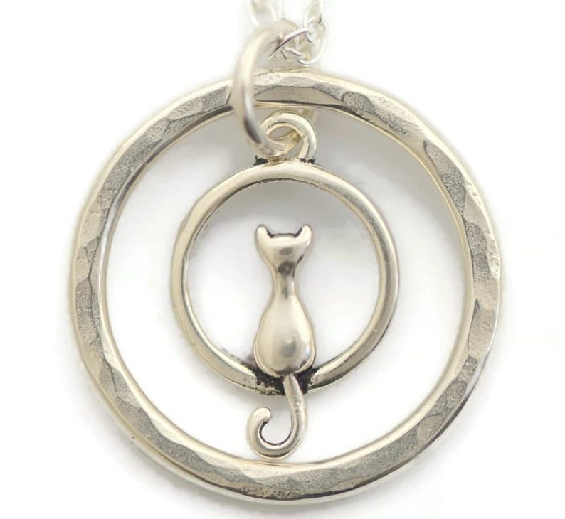 Petite small sterling silver cat necklace cat lover gift little hammered 5/8 circle necklace pendant Siamese Persian main coon necklace image 9