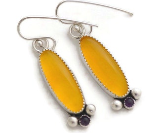 Yellow agate purple amethyst sterling silver dangle earrings handmade yellow jewelry for women boho bohemian style lemon yellow drop earring