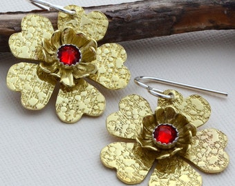 Brass gold flower heart earrings red crystal dangle earrings Valentines Mothers day gift contemporary hypoallergenic romantic unique jewelry