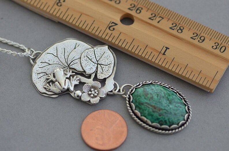 Sterling silver frog necklace Chrysocolla pendant water lily pad plant botanical frog jewelry bold statement artisan necklace for women