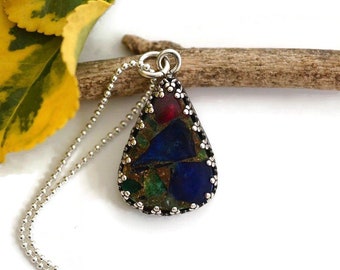 Copper Tourmaline Multi Color necklace pendant colorful gemstone boho pendant sterling silver unique bohemian tourmaline jewelry for women