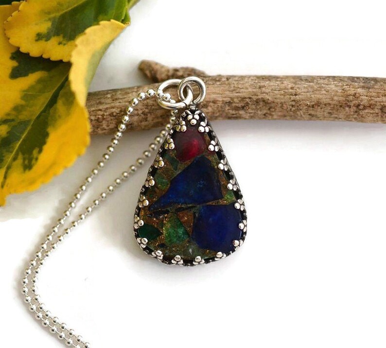 Copper Tourmaline Multi Color necklace pendant colorful gemstone boho pendant sterling silver unique bohemian tourmaline jewelry for women image 1