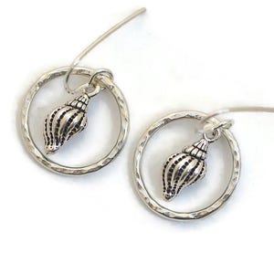 Small sterling silver seashell hoop dangle earrings beach summer hammered hoop for women sea shell jewelry artisan handmade bohemian jewelry