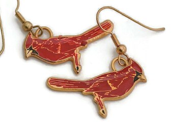 VINTAGE red cardinal bird dangle earrings nature bird earrings unique lightweight style estate jewelry gift for her bird lover gift memorial