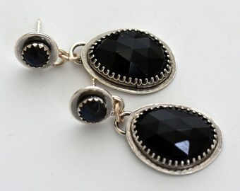 Black onyx 6mm labradorite dangle stud earrings sterling silver black jewelry for women contemporary art deco oxidized earrings unique gift