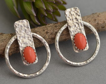 Small ear jacket hoop earrings front back earrings double sided bar earring salmon coral sterling silver minimalist  jewelry peach earring