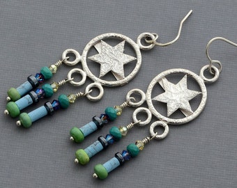 Sterling silver star hoop earrings dangle southwestern chandelier earrings beaded wire wrapped bohemian celestial jewelry hypoallergenic