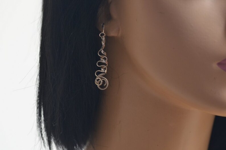Long sterling silver spiral dangle earrings wavy wire wrapped earrings abstract earrings geometric jewelry gift fo her hypoallergenic image 2