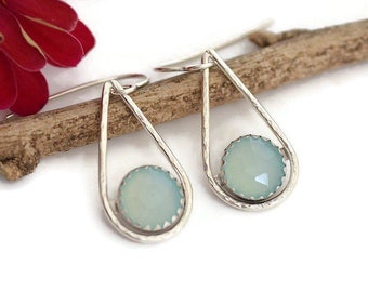 Sterling silver teardrop dangle earrings light blue chalcedony earrings lightweight hypoallergenic earrings semiprecious stone jewelry her