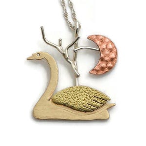 Brass gold swan necklace swan pendant sterling silver bird jewelry unusual artisan handmade mixed metal crescent moon necklace gift for her