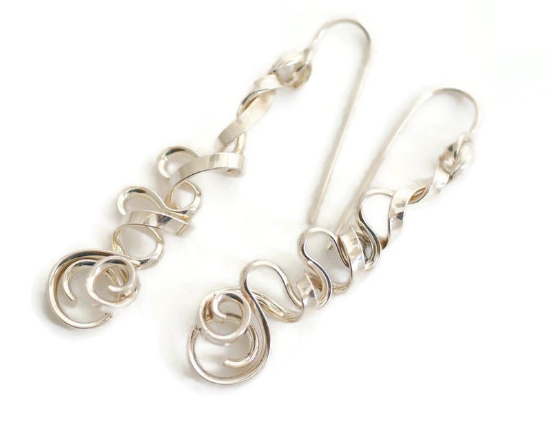 Long sterling silver spiral dangle earrings wavy wire wrapped earrings abstract earrings geometric jewelry gift fo her hypoallergenic image 4