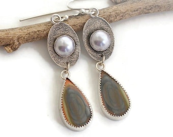 Gray Swarovski pearl earrings Imperial jasper sterling silver dangle earrings gift for her contemporary artisan handmade oxidized jewelry