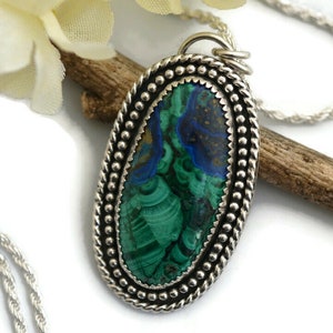 Top quality stone Azurite Malachite necklace sterling silver blue green pendant modern contemporary jewelry artisan handmade gift for her