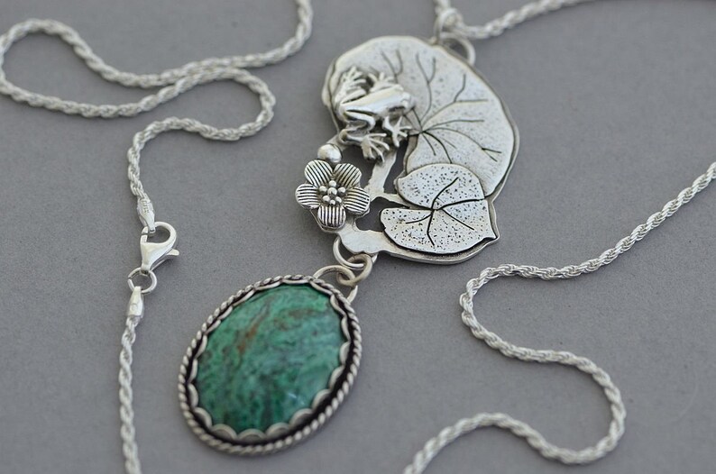Sterling silver frog necklace Chrysocolla pendant water lily pad plant botanical frog jewelry bold statement artisan necklace for women