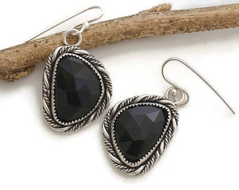 Black onyx earrings sterling silver black dangle earrings genuine natural stone jewelry handmade statement holiday earrings hypoallergenic