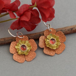 Daisy dangle flower earrings sterling silver mixed metal jewelry hypoallergenic nickel free artisan handmade gold brass copper jewelry d