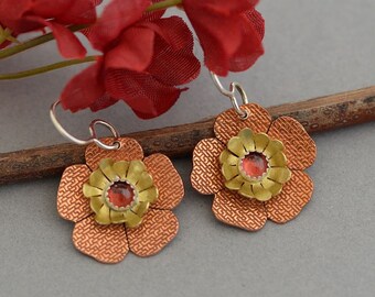 Daisy dangle flower earrings sterling silver mixed metal jewelry hypoallergenic nickel free artisan handmade gold brass copper jewelry d