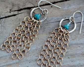 Long turquoise earrings little sterling silver hoops with gold brass fringe chain, southwestern bohemian jewelry, unique unusual artisan