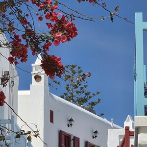 "Kunstdruck ""Mykonos Balkone: Griechische Insel Architektur"" - Küsten-Mittelmeer-Dekor."