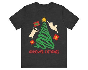 Meowy Catmas - Funny Cat, Cute, Holiday, Christmas Shirt, T-Shirt, Unisex Jersey Short Sleeve Tee