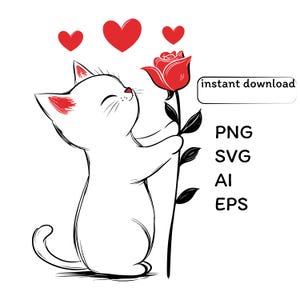 Svg chat mignon avec une rose rouge et des coeurs. Conception de la Saint-Valentin, fichier SVG Kitty pour cricut.