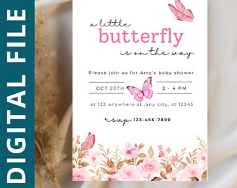 Editable Butterfly Baby Shower Invitation, Pink Butterfly Baby Shower Invite, Printable Template Invitation