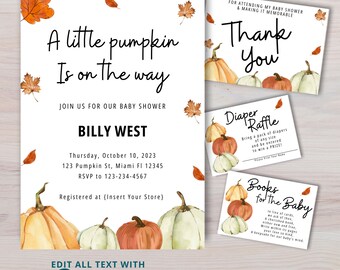 Invitación editable de baby shower de calabaza, invitación de baby shower de otoño, invitación de calabaza de otoño, género neutro, #100