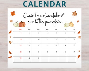 Calendario editable de fecha de vencimiento de baby shower de calabaza, calendario de baby shower de otoño, juego de baby shower de otoño, juego de fecha de vencimiento, #100