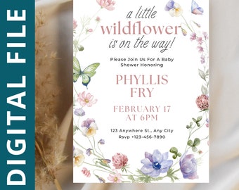 Invitación editable de baby shower de flores silvestres, invitación de baby shower, invitación de flores silvestres, género neutro