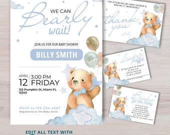 Invitación editable al baby shower del oso, invitación al baby shower de Bearly Wait, invitación al oso niño, oso de peluche, #200