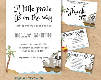 Invitación editable al baby shower pirata, invitación al baby shower para niños, invitación a la fiesta pirata, invitación de género neutro, #400