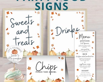 Letreros editables de comida para fiesta de baby shower de calabaza, letrero de bebidas de baby shower de otoño, toppers de cupcakes de ducha de calabaza, tarjetas de buffet de calabaza, #100